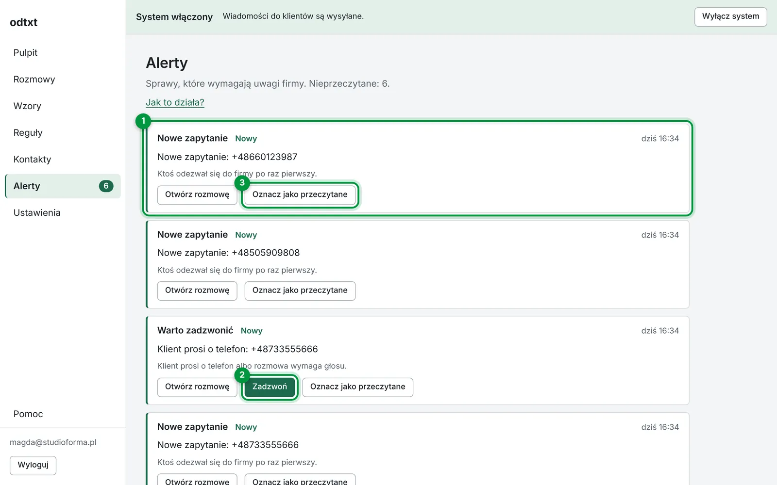 Lista alertów w panelu odtxt z przyciskami Zadzwoń i Oznacz jako przeczytane