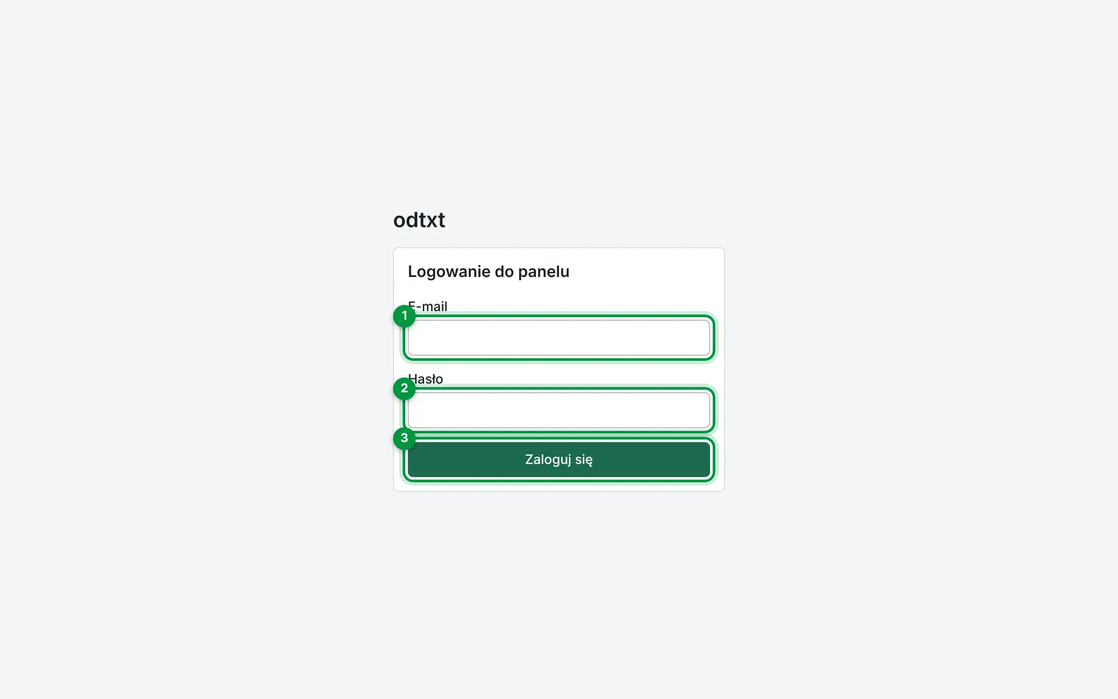 Ekran logowania do panelu odtxt z zaznaczonymi polami e-mail, hasło i przyciskiem logowania