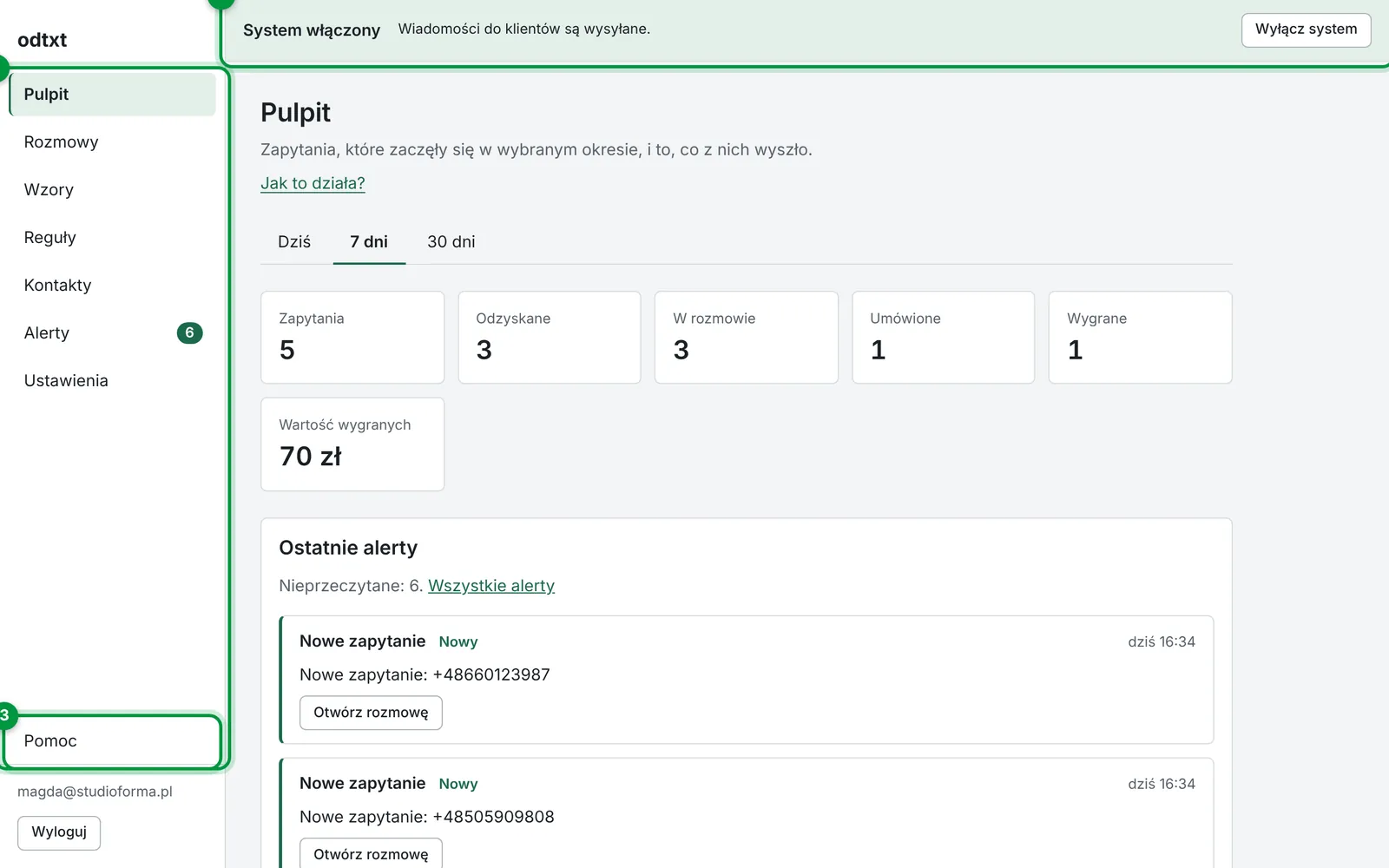 Panel odtxt: menu po lewej, pasek stanu systemu na górze i link do pomocy