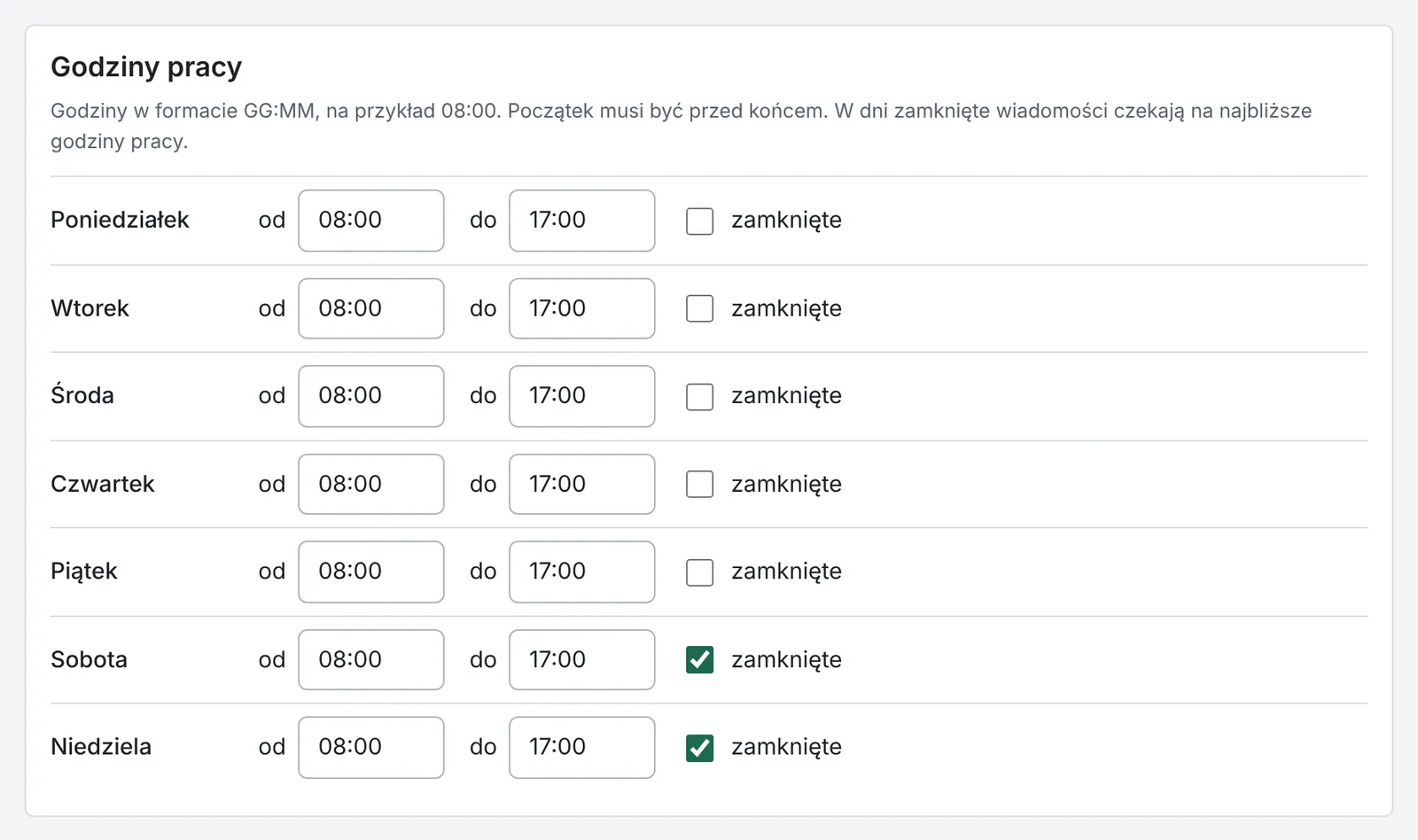 Godziny pracy w Regułach odtxt: dla każdego dnia godziny od i do albo zamknięte