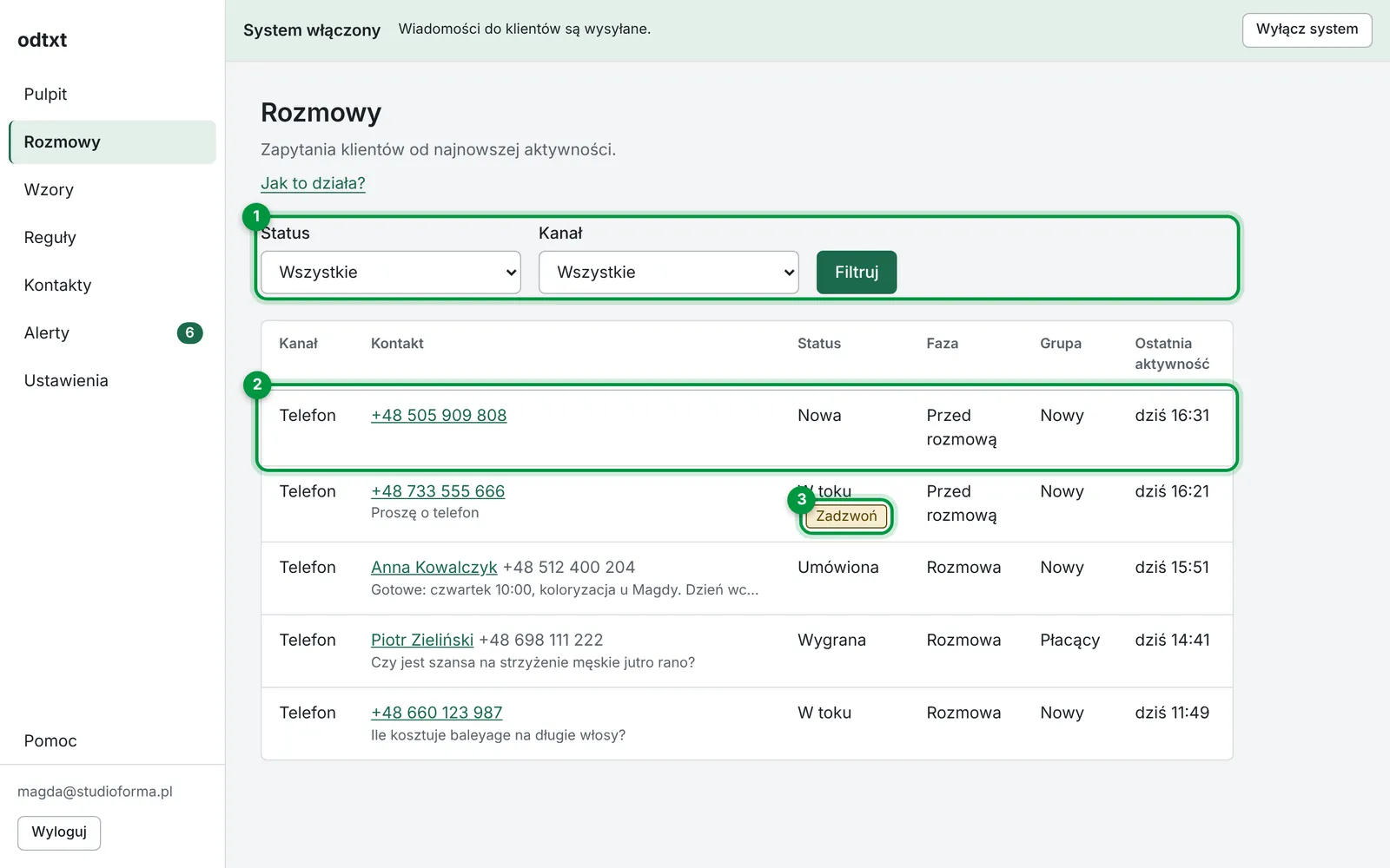Lista rozmów w panelu odtxt z filtrami i oznaczeniem Zadzwoń