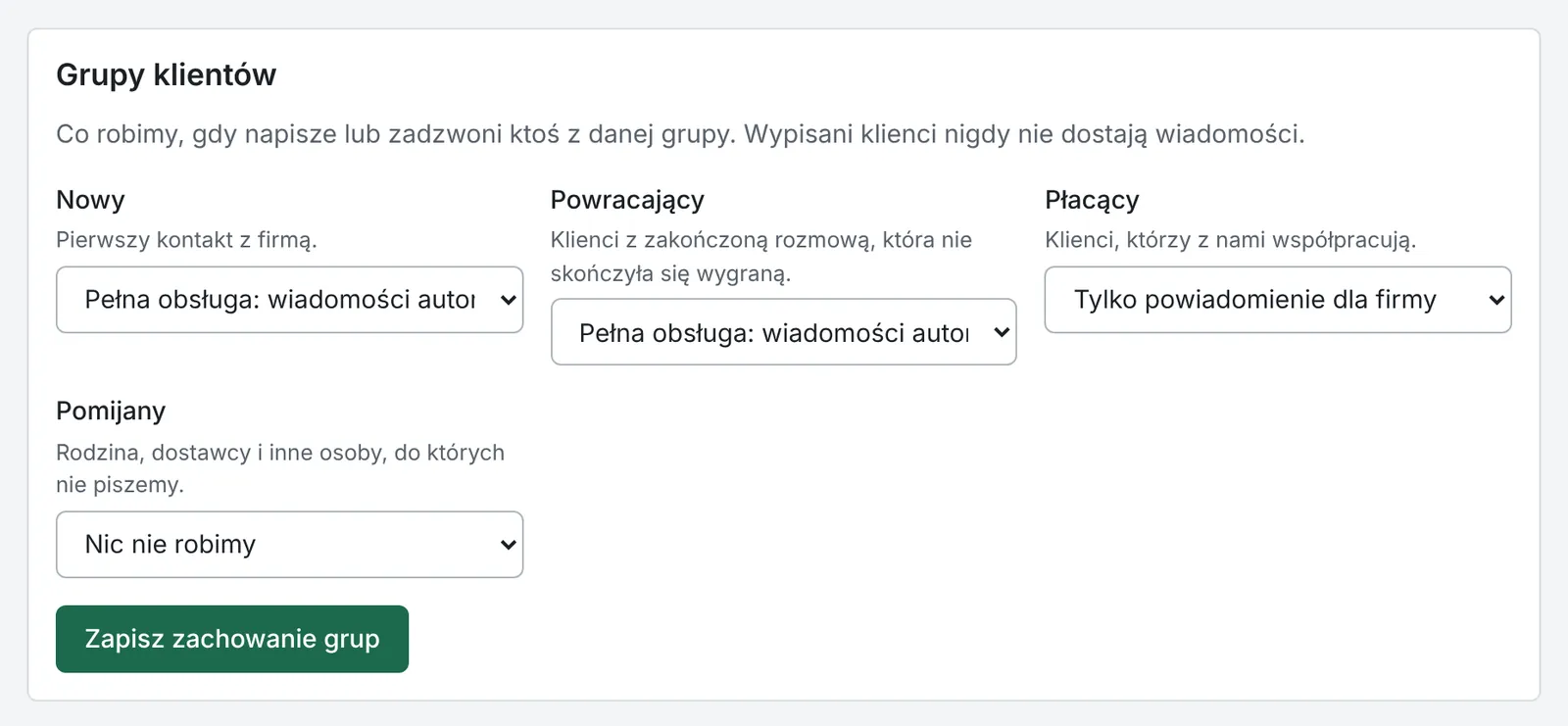 Sekcja Grupy klientów w Ustawieniach odtxt